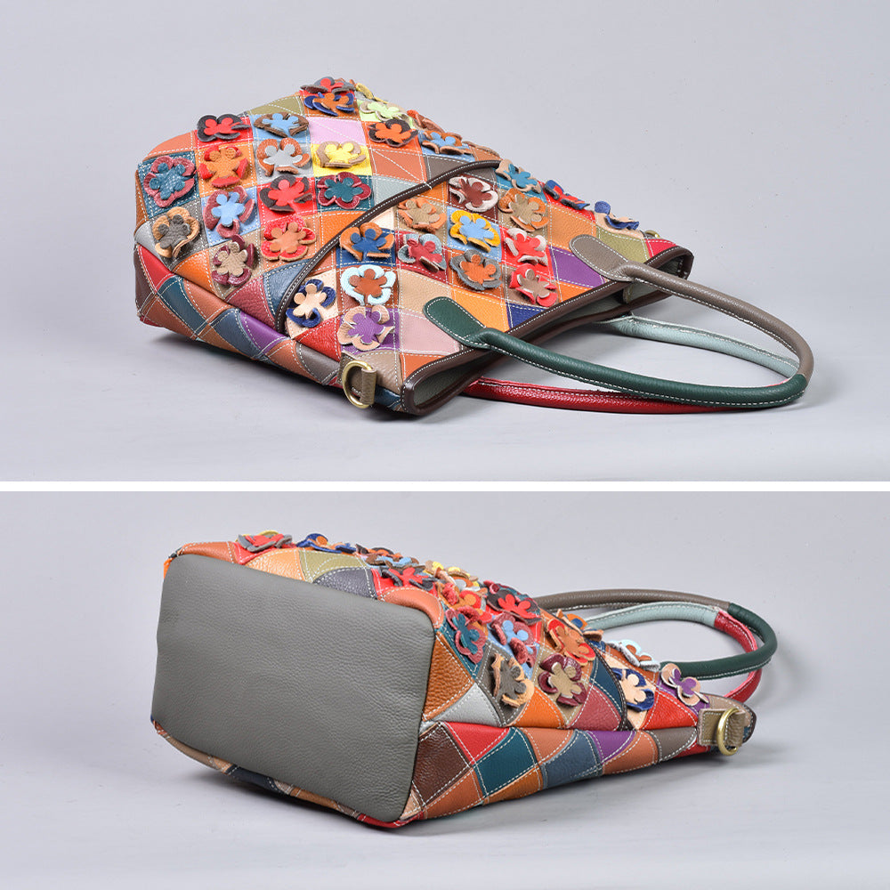 New Floral Patchwork Top Layer Cowhide Bag, European Handmade Unique Shoulder Crossbody Tote Purse, Stylish Handbag for Women