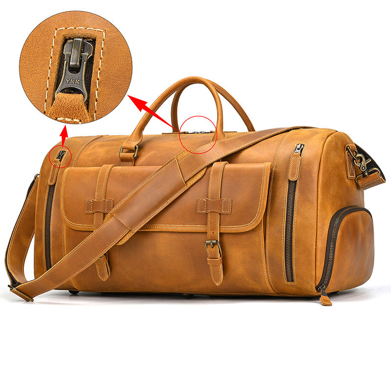 Large Capacity Crazy Horse Leather Travel Duffle with Shoe Compartment, Top Handle Shoulder Crossbody Luggage Bag for Men