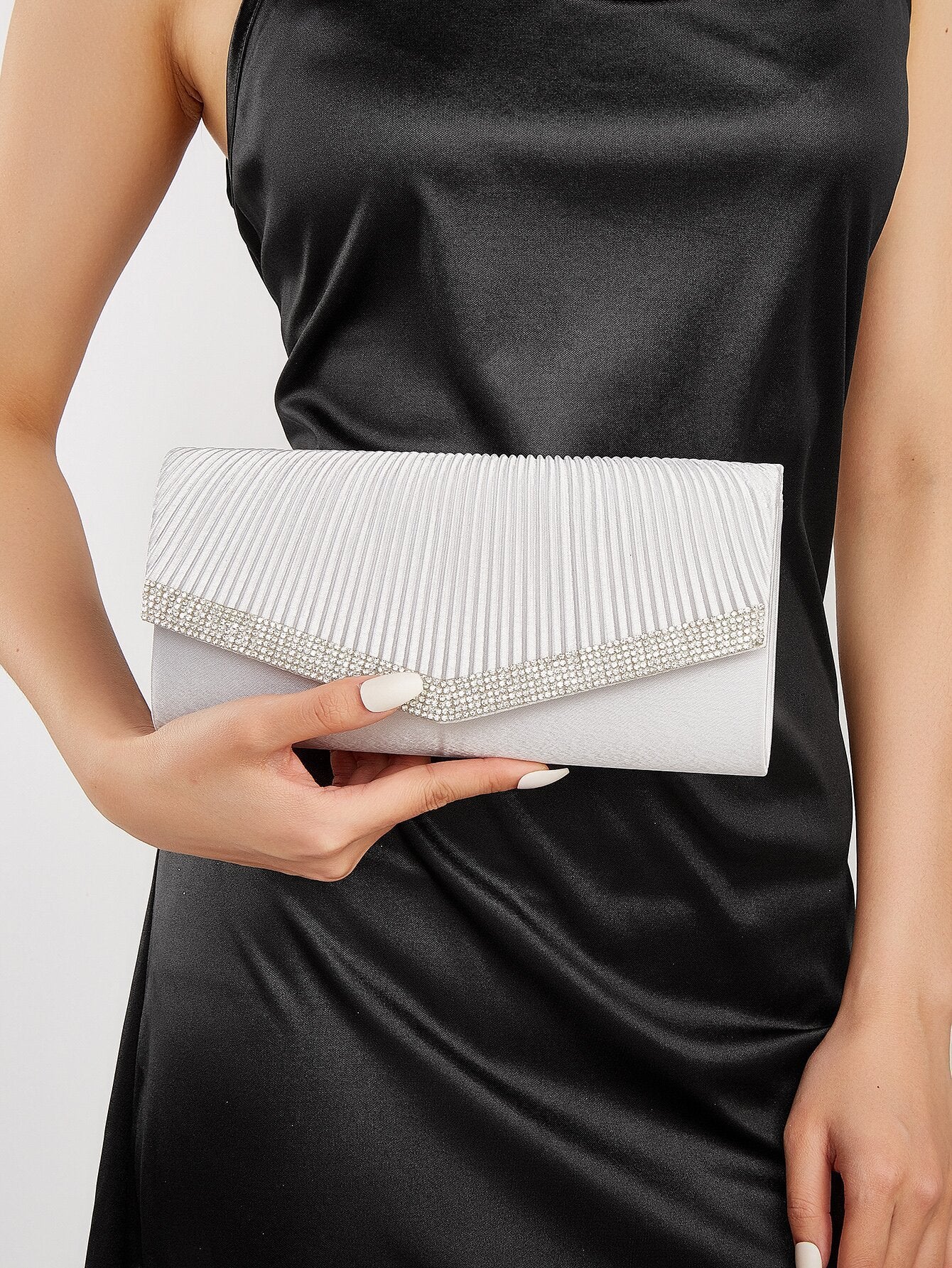 Genuine Rhinestone Pleated Evening Clutch for Women, New European Style Minimalist Versatile Handbag, Perfect Formal Party Wedding Purse for Ladies