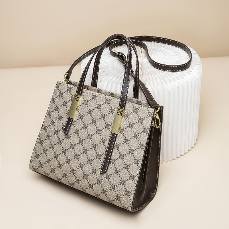 Genuine Leather Light Luxury Mom Bag for Women, New Minimalist Elegant Middle-Aged Top Handle Handbag, Premium Everyday Purse for Ladies