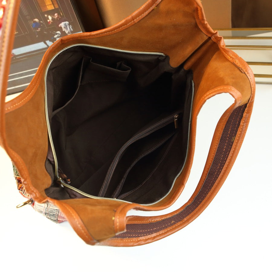 Genuine Leather Patchwork Tote Bag for Women Large Capacity Shoulder Crossbody Handbag, Vintage Trendy Purse with Versatile Everyday Style