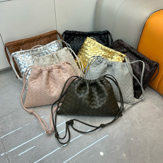 First layer cowhide leather woven bag, clutch bag, drawstring lucky bag, large capacity underarm shoulder bag, bag for women