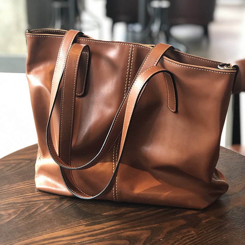 Genuine Top Layer Cowhide Tote Bag for Women, Fall Winter Large Capacity Shoulder Crossbody Purse, Urban Minimalist Everyday Handbag for Ladies