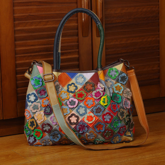 Premium Handcrafted Patchwork Floral Leather Bag for Women | New Multi-Color Random Color-Block Shoulder Cross-Body Handbag with Unique Artistic Design | Trendy Versatile Purse for Work, Errands, Travel & Everyday Chic | Vibrant Statement Accessory w