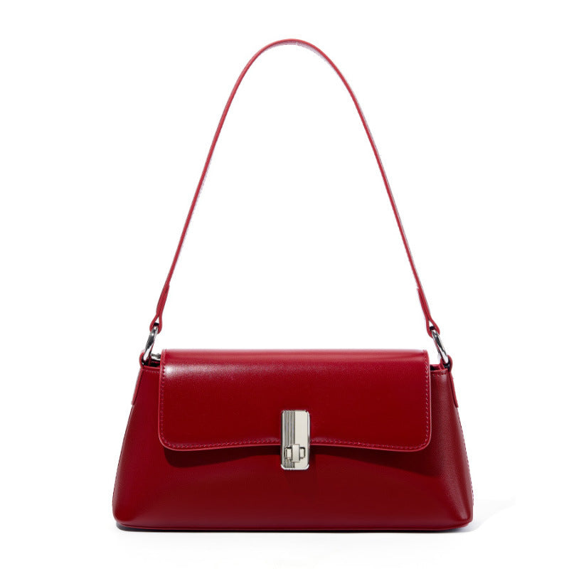 Red French Style Baguette Bag in Genuine Leather, Niche Premium Commute Shoulder Crossbody Top Handle Purse, Chic Underarm Handbag for Women