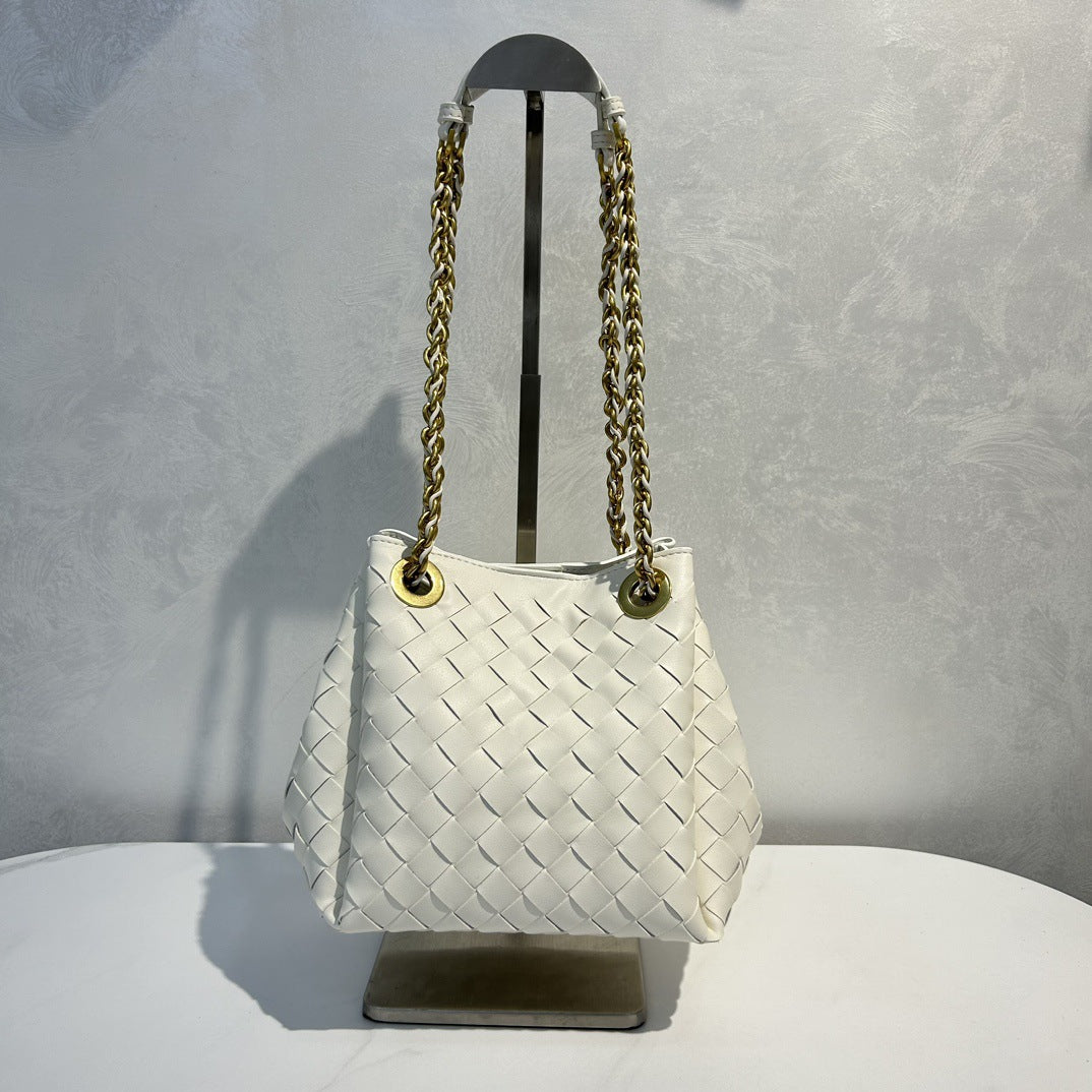 Genuine Leather Metal Chain Woven Parachute Bag for Women, Large Capacity Vintage Underarm Shoulder Crossbody Purse, Premium Handbag for Ladies