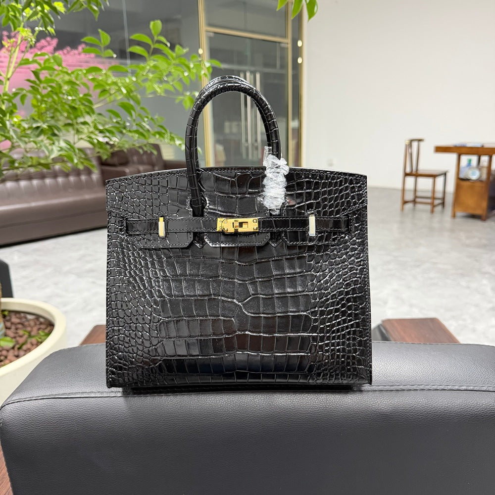 Genuine Top Layer Cowhide Crocodile-Embossed Birkin-Style 25 Bag for Women, External Stitching Hand-Stitched Waxed Thread with Steel Hardware, Lambskin Lining Handbag for Ladies