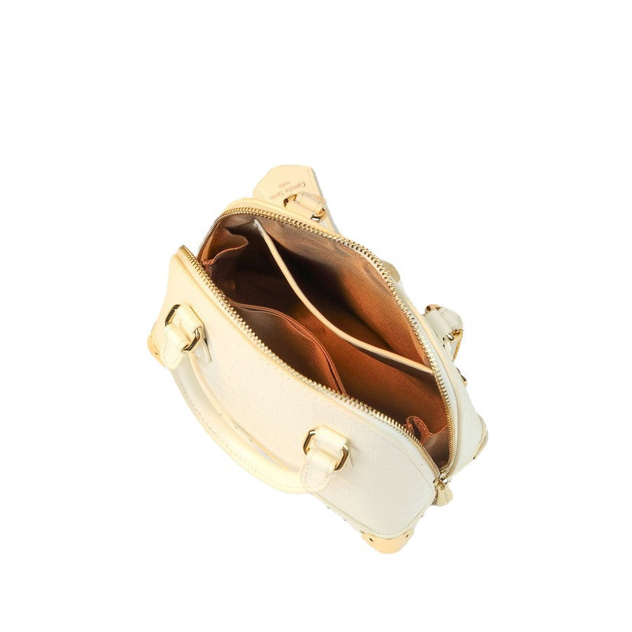 Chic French Style Croc-Effect Shell Bag for Women, A Light Luxury Structured Top-Handle Handbag with Metal Stud Details & Heart Charm, Versatile Shoulder Crossbody Purse