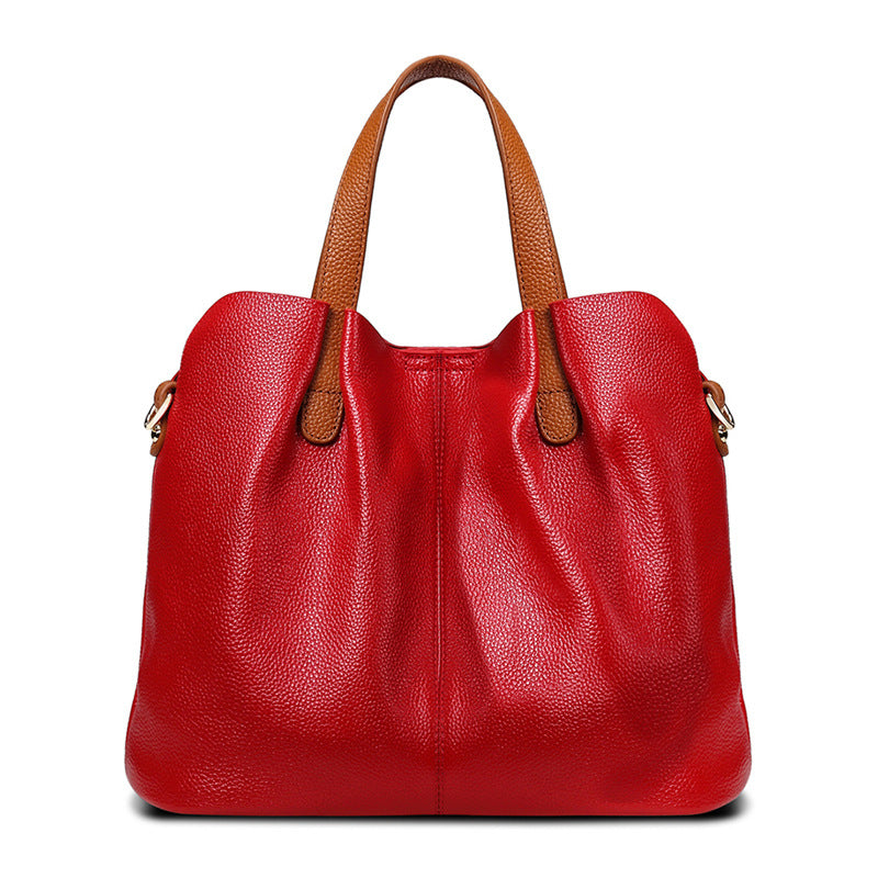 Color Block Mother-Child Tote in Top Layer Cowhide, Large Capacity Commute Crossbody Shoulder Purse, Premium Handbag for Women