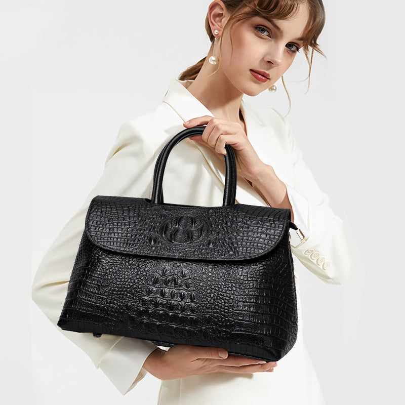 New Classic Black Crocodile-Embossed Top Layer Cowhide Bag, Shoulder Crossbody Top Handle Purse, Premium Handbag for Women