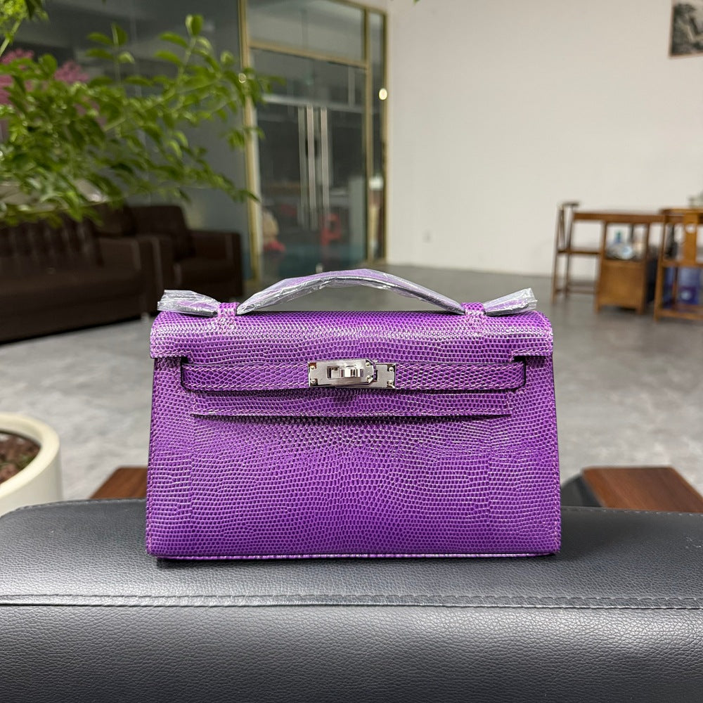 Genuine Top Layer Cowhide Lizard-Embossed Kelly-Style 22H Bag for Women, Hand-Stitched Waxed Thread with Lambskin Lining, Full Steel Hardware Square Purse for Ladies