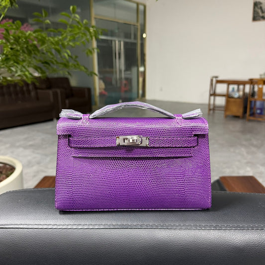 Genuine Top Layer Cowhide Lizard-Embossed Kelly-Style 22H Bag for Women, Hand-Stitched Waxed Thread with Lambskin Lining, Full Steel Hardware Square Purse for Ladies