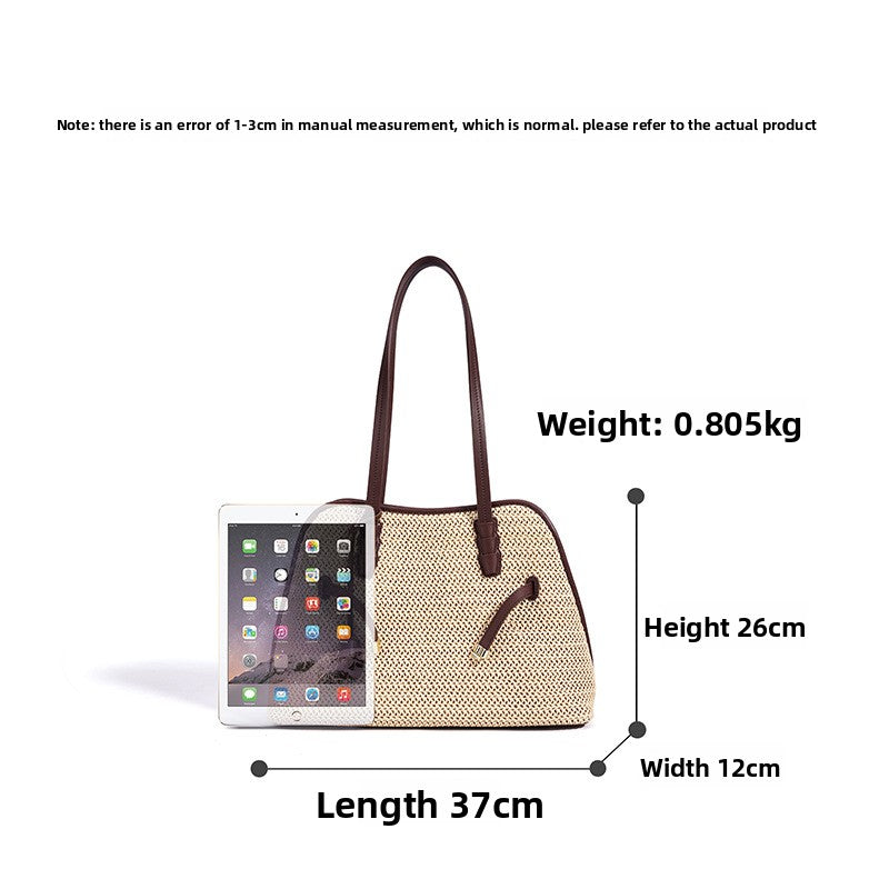 Patchwork Niche Design Cowhide Bag, Large Capacity Spring Summer Resort Style Underarm Shoulder Purse, Premium Straw Woven Handbag for Women