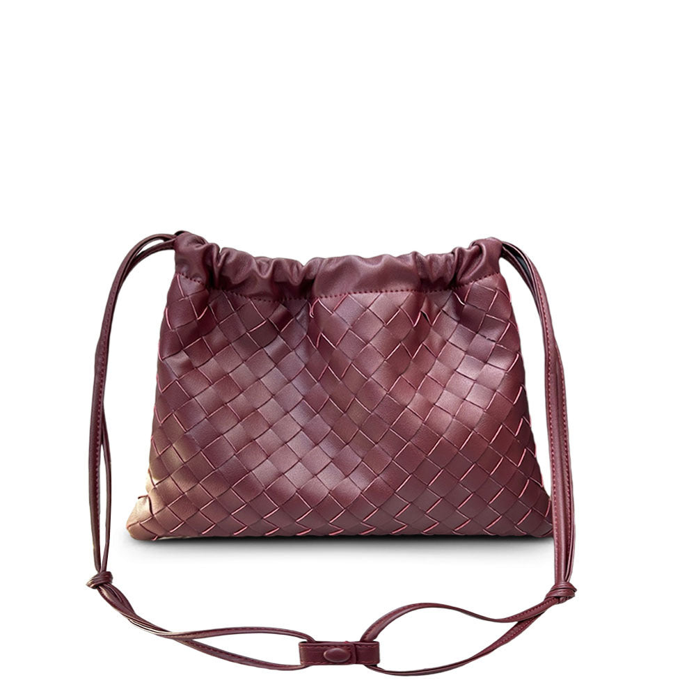 First layer cowhide leather woven bag, clutch bag, drawstring lucky bag, large capacity underarm shoulder bag, bag for women