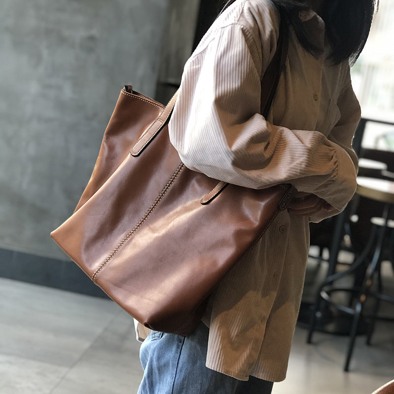 Genuine Top Layer Cowhide Tote Bag for Women, Fall Winter Large Capacity Shoulder Crossbody Purse, Urban Minimalist Everyday Handbag for Ladies