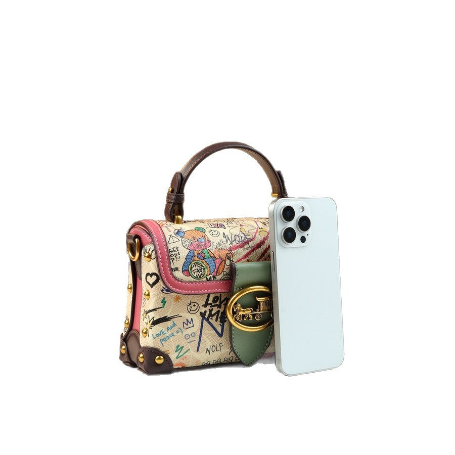 Color-Block Graffiti Bear Tote Bag for Women Light Luxury Shoulder Crossbody Handbag, Playful Art Purse with Versatile Spring Summer Style