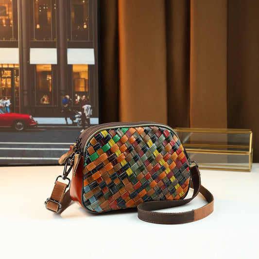 Genuine Leather Woven Boston Bag for Women Colorful Vintage Shoulder Crossbody Purse, Artisan Crafted Handbag with Versatile Everyday Appeal