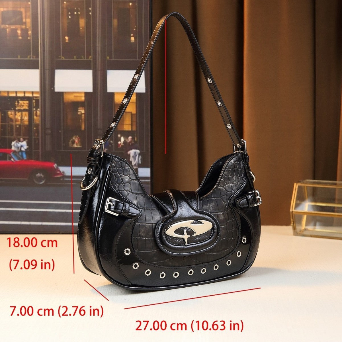 Chic Croc-Effect Biker Crescent Bag for Women, A Trendy Top-Handle Shoulder Crossbody Underarm Purse with Unique Edgy Design, Perfect for Everyday Style