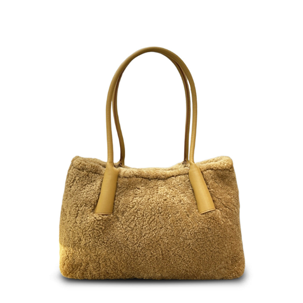 New Fall/Winter Lamb Wool Shoulder Tote, Large High-End Stylish Commuter Bag for Women