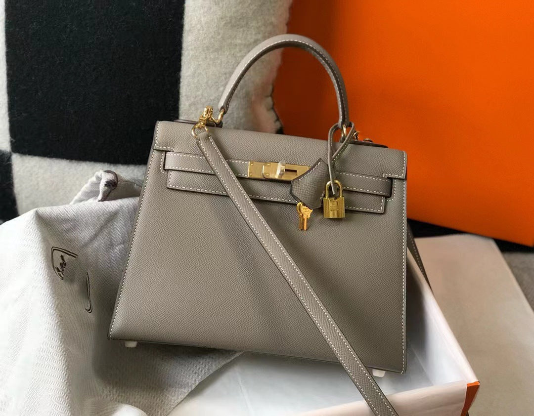 Genuine Epsom Calfskin Leather Kelly-Style 25/28 Top Handle Bag for Women, Premium Commute Handbag with Chic Fashionable Design for Ladies