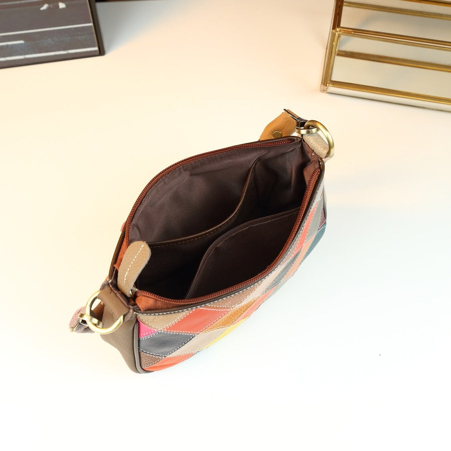 Handcrafted Patchwork Floral Quilted Mini Square Bag for Women Genuine Leather Lightweight Shoulder Crossbody Purse