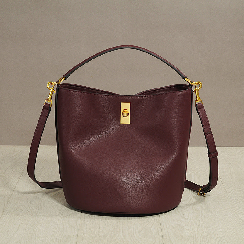 Spring Summer New Cowhide Leather Bucket Bag Large Capacity Shoulder Crossbody Handbag Casual Versatile Tote