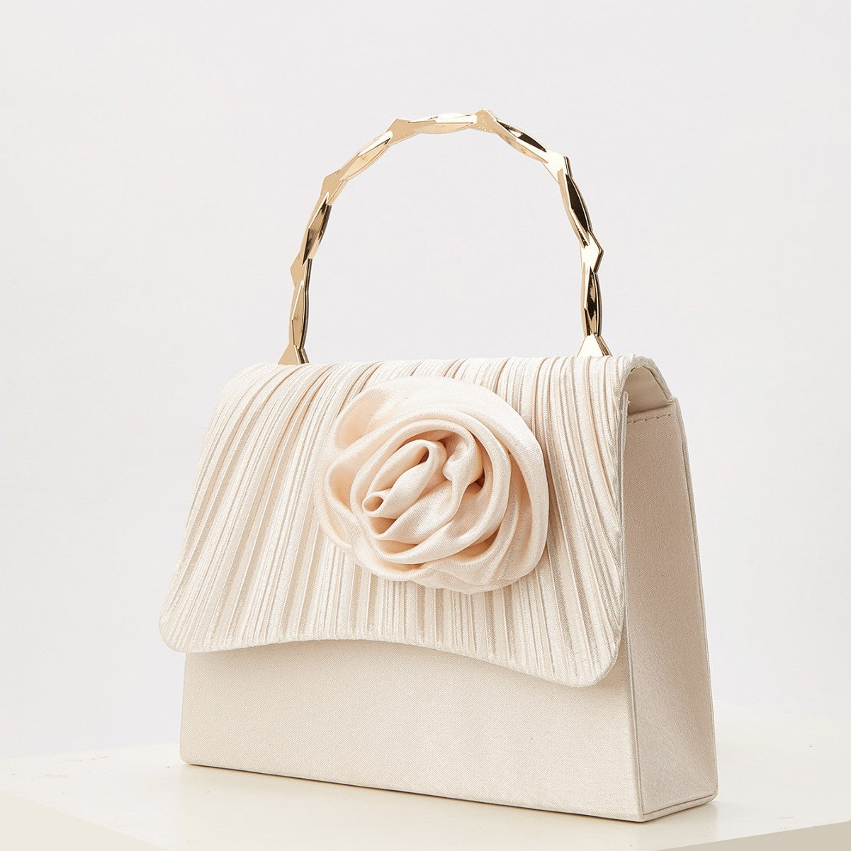 French Style Light Luxury Evening Clutch for Women, New Pleated Satin Floral Gold Bamboo Handle Top Handle Bag, Elegant Gown Party Purse for Ladies