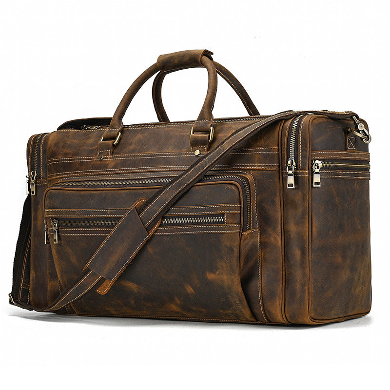 Genuine Top Layer Crazy Horse Cowhide 24-Inch Travel Duffle Bag for Men, Vintage Large Capacity Luggage, Casual Weekender Bag for Gentlemen