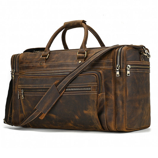 Genuine Top Layer Crazy Horse Cowhide 24-Inch Travel Duffle Bag for Men, Vintage Large Capacity Luggage, Casual Weekender Bag for Gentlemen