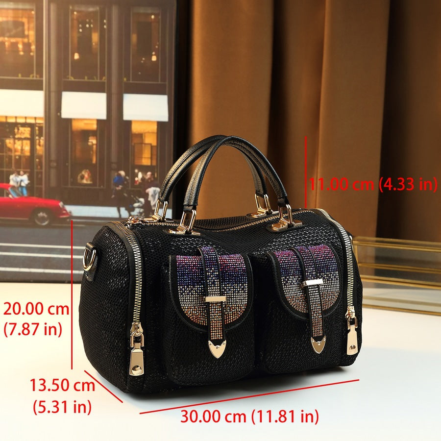 Rhinestone Sequin Soft Leather Tote Bag for Women Large Capacity Shoulder Crossbody Handbag, Sparkly Glamorous Purse with Premium Finish
