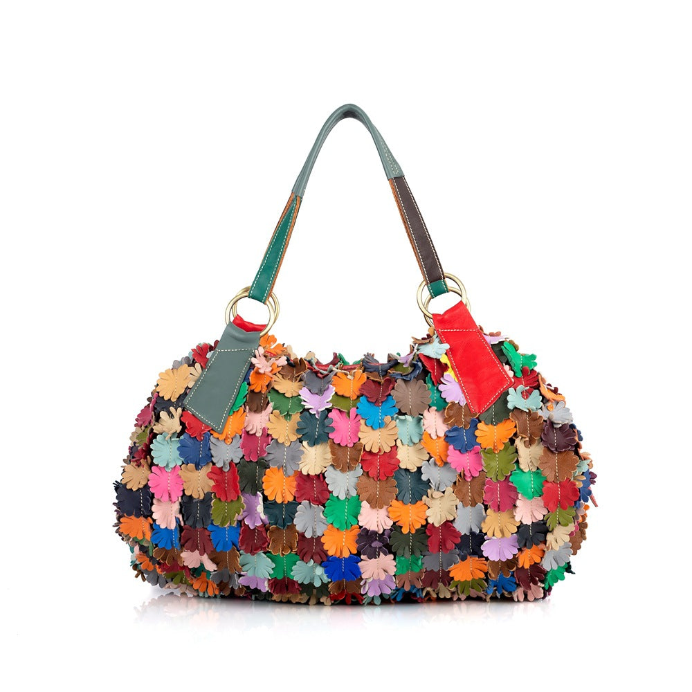 Genuine Leather Handmade Colorful Pattern Bag for Women, New Soft Large Crossbody Shoulder Purse, Trendy Everyday Handbag for Ladies