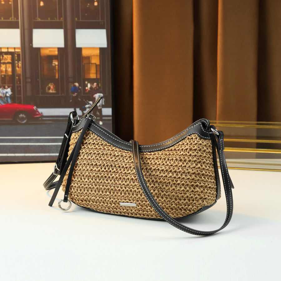 French Woven Straw Bag for Women Summer Beach Vacation Shoulder Crossbody Handbag, Natural Texture Purse with Bohemian Charm