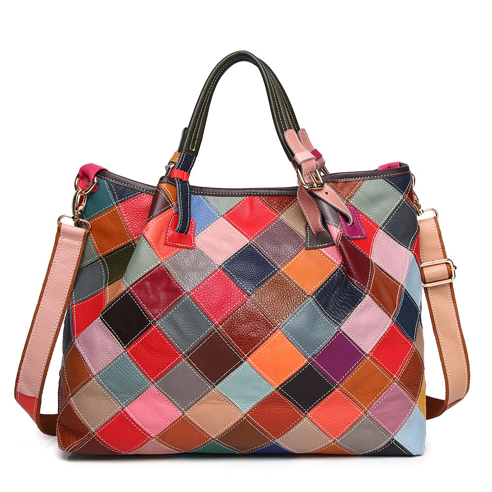Genuine Top Layer Cowhide Colorful Floral Patchwork Handbag for Women, New Arrival Handmade Plaid Crossbody Shoulder Purse, Designer Leather Bag for Ladies