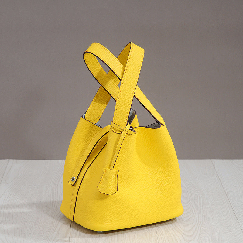 Genuine Top Layer Pebbled Cowhide Leather Bucket Bag for Women, New Fashionable Basket Mini Top Handle Handbag, Trendy Casual Purse for Ladies