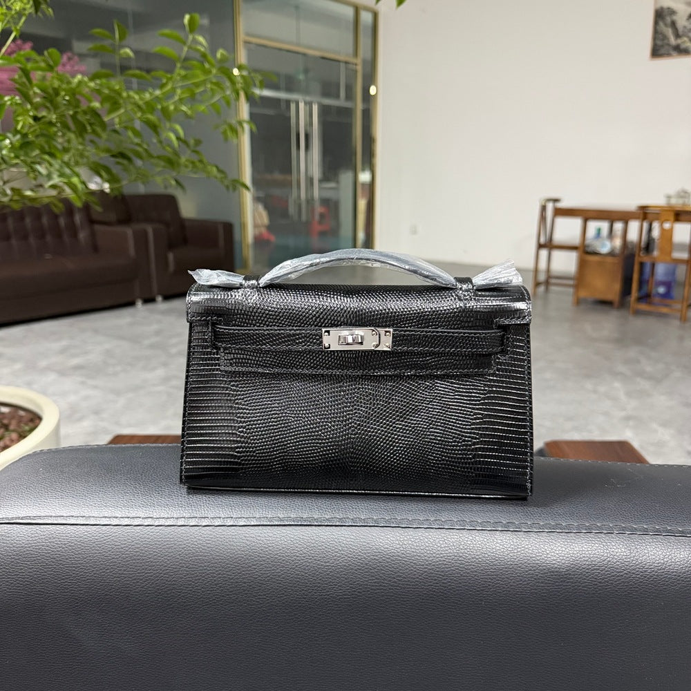 Genuine Top Layer Cowhide Lizard-Embossed Kelly-Style 22cm Bag for Women, Hand-Stitched Waxed Thread with Hand-Hammered Hardware, Lambskin Lining Square Purse with Full Steel Hardware for Ladies