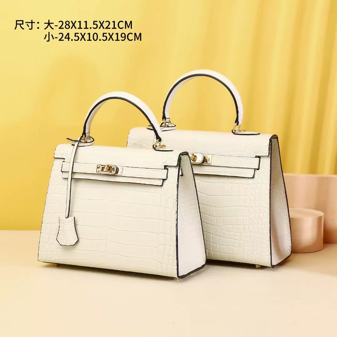 New Arrival Matte Croc-Effect Kelly-Inspired Handbag for Women, Premium Genuine Leather Shoulder Top-Handle Crossbody Bag with Versatile Banquet Design