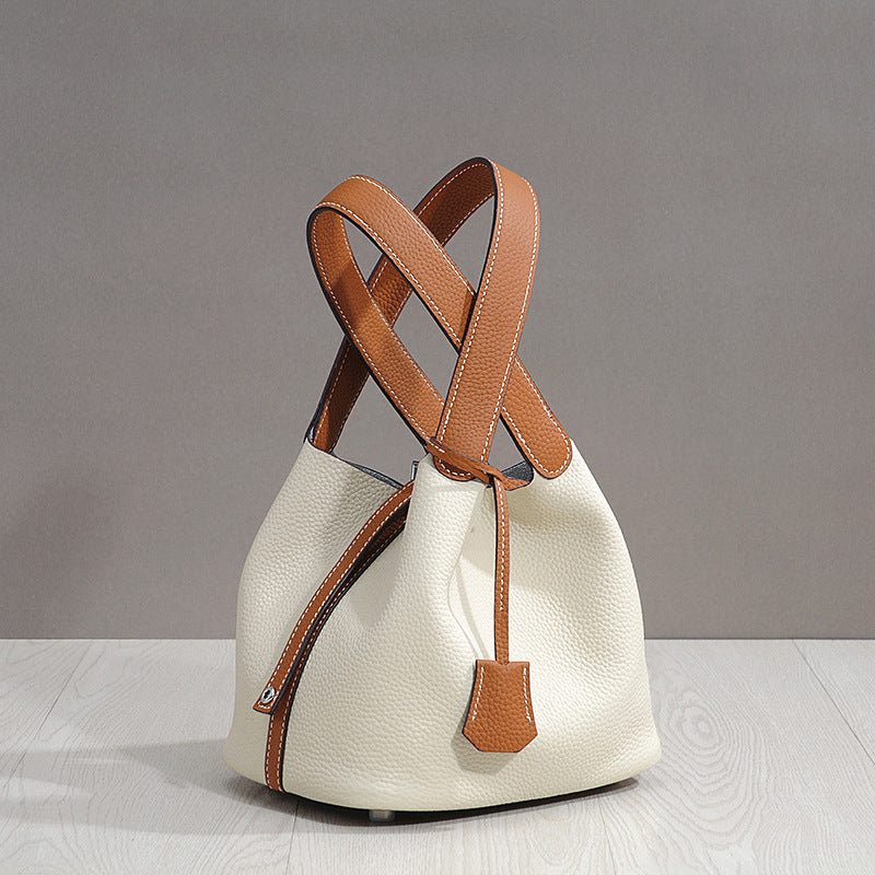 Genuine Top Layer Pebbled Cowhide Leather Bucket Bag for Women, New Fashionable Basket Mini Top Handle Handbag, Trendy Casual Purse for Ladies