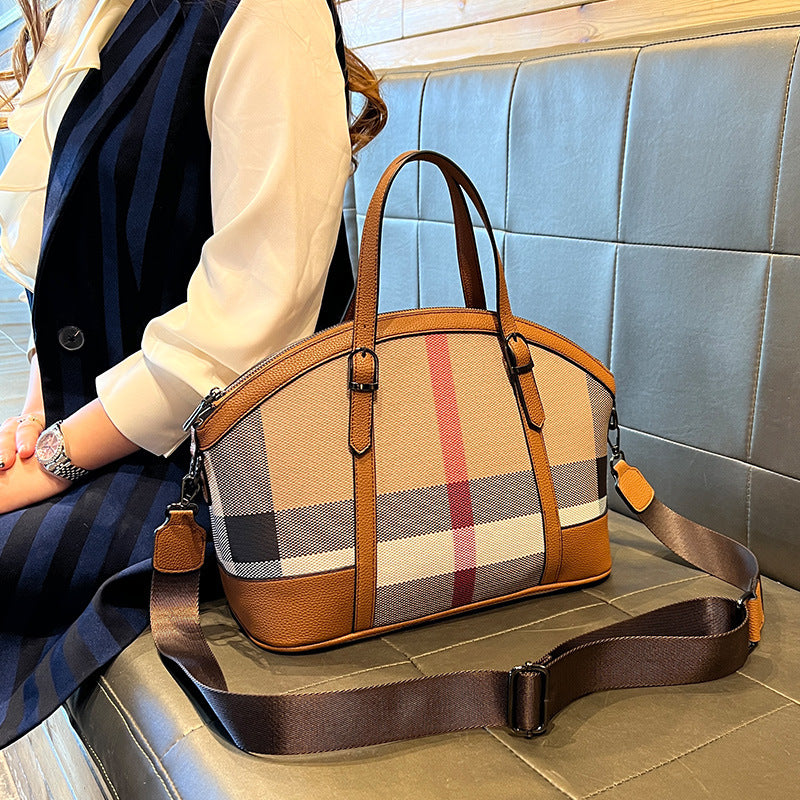Genuine Leather Plaid Shell Handbag for Women, New Versatile Large Capacity Top Handle Shoulder Crossbody Purse, Trendy Bag for Ladies