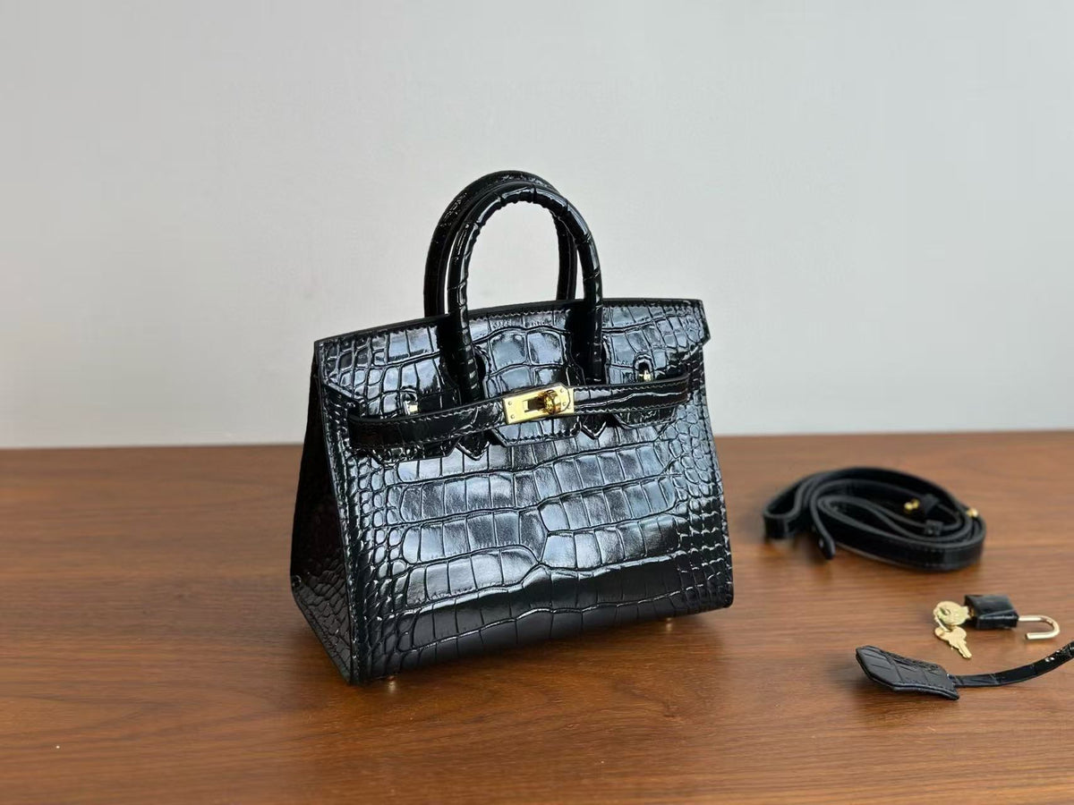 Genuine Top Layer Cowhide Matte Crocodile-Embossed Mini Birkin-Style Bag for Women, Semi-Handmade External Stitching Top Handle Purse, New Premium Handbag for Ladies