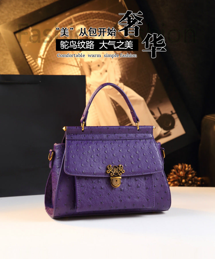 Genuine Leather Ostrich-Embossed Kelly-Style Bag for Women, New Spring Summer Large Capacity Shoulder Crossbody Top Handle Purse, Niche Trendy Handbag for Ladies