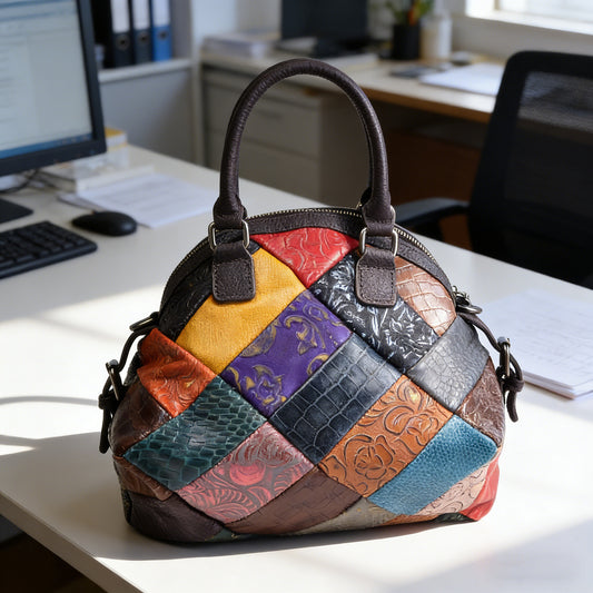 Premium Soft Cowhide Leather Vintage Color-Block Handbag for Women | Genuine Leather Top-Handle Shoulder Cross-Body Bag with Versatile 3-in-1 Carry Options | Trendy Everyday Purse with Timeless Retro Flair | Luxuriously Soft & Sophisticated Accessory