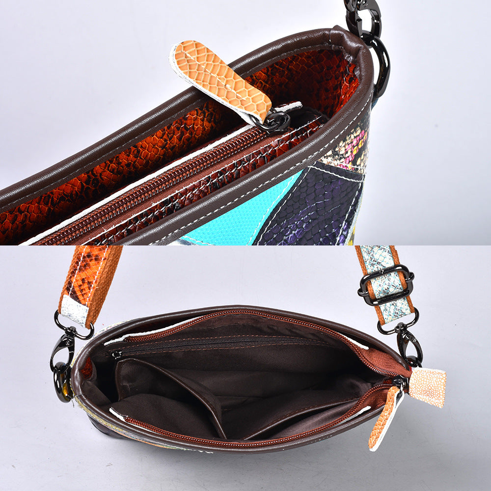 Snakeskin Colorful Patchwork Bag in Genuine Leather, Plaid Crossbody Shoulder Small Purse, Stylish Handbag for Women