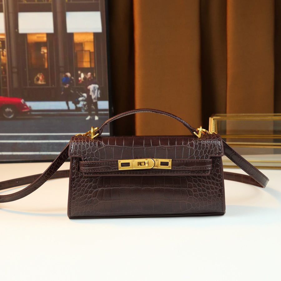Chic Korean Style Light Luxury Croc-Effect Kelly-Inspired Handbag for Women, A Small Exquisite Top-Handle Bag with Turn-Lock Design & Premium Feel