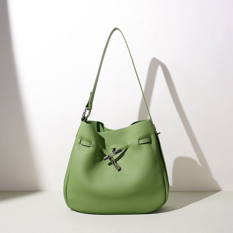 New Summer Ins Style Casual Bucket Bag in Top Layer Cowhide, Large Capacity Shoulder Crossbody Purse, Niche Design Handbag for Women