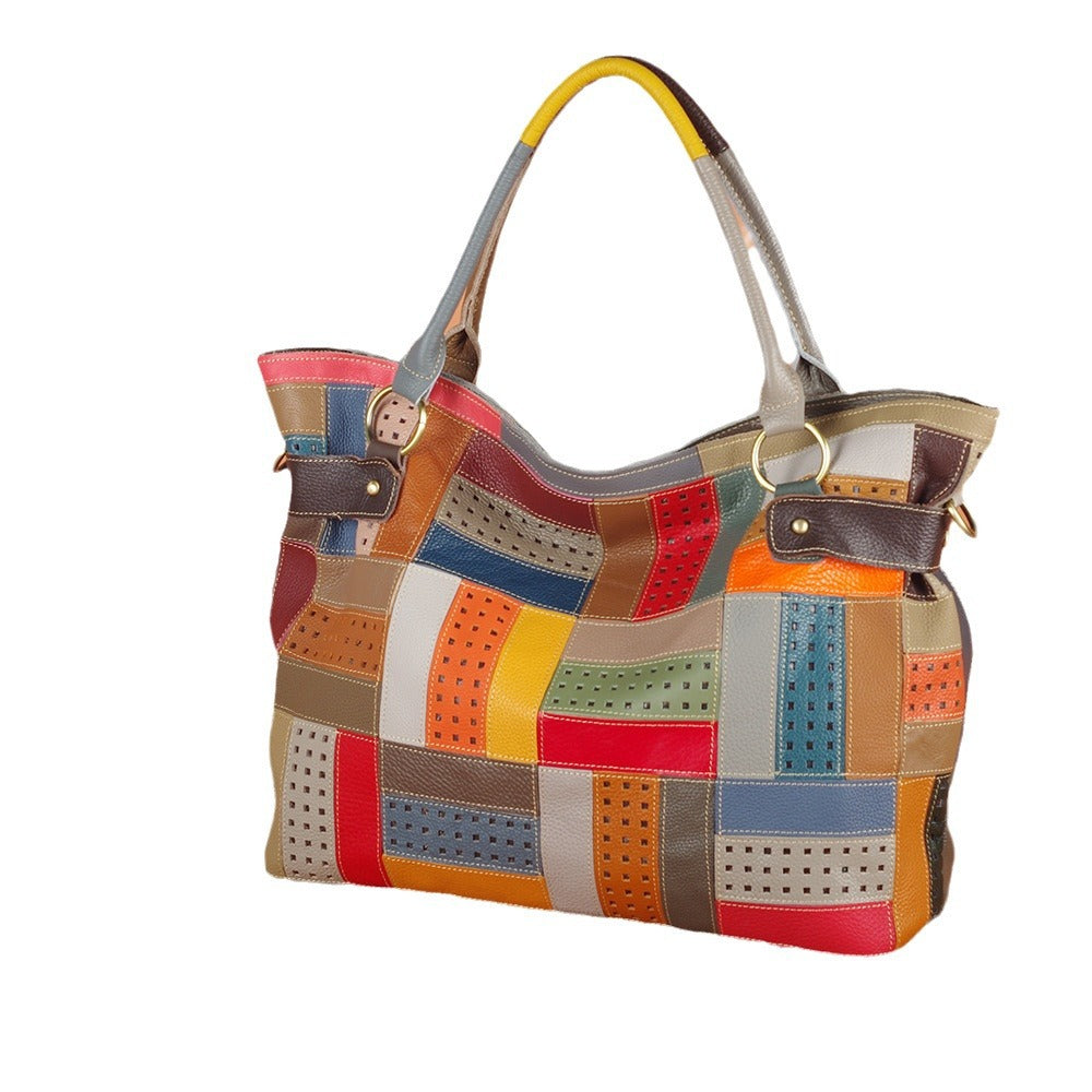 Colorful Stripe Geometric Bag in Genuine Cowhide, Random Color Block Large Capacity Shoulder Crossbody Tote, Stylish Handbag for Women