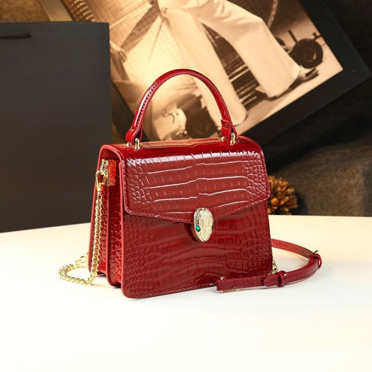 New Arrival Patent Leather Croc-Effect Small Square Bag for Women, A Glossy Top-Handle Crossbody Handbag with Exquisite Snake-Head Design & Fashionable Style