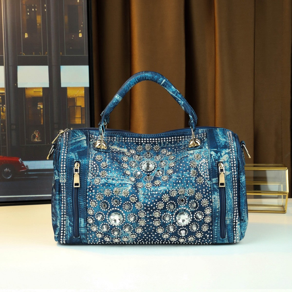 Stud Rhinestone Denim Tote Bag for Women Shoulder Crossbody Handbag, Trendy Casual Purse with Sparkly Hardware Accents
