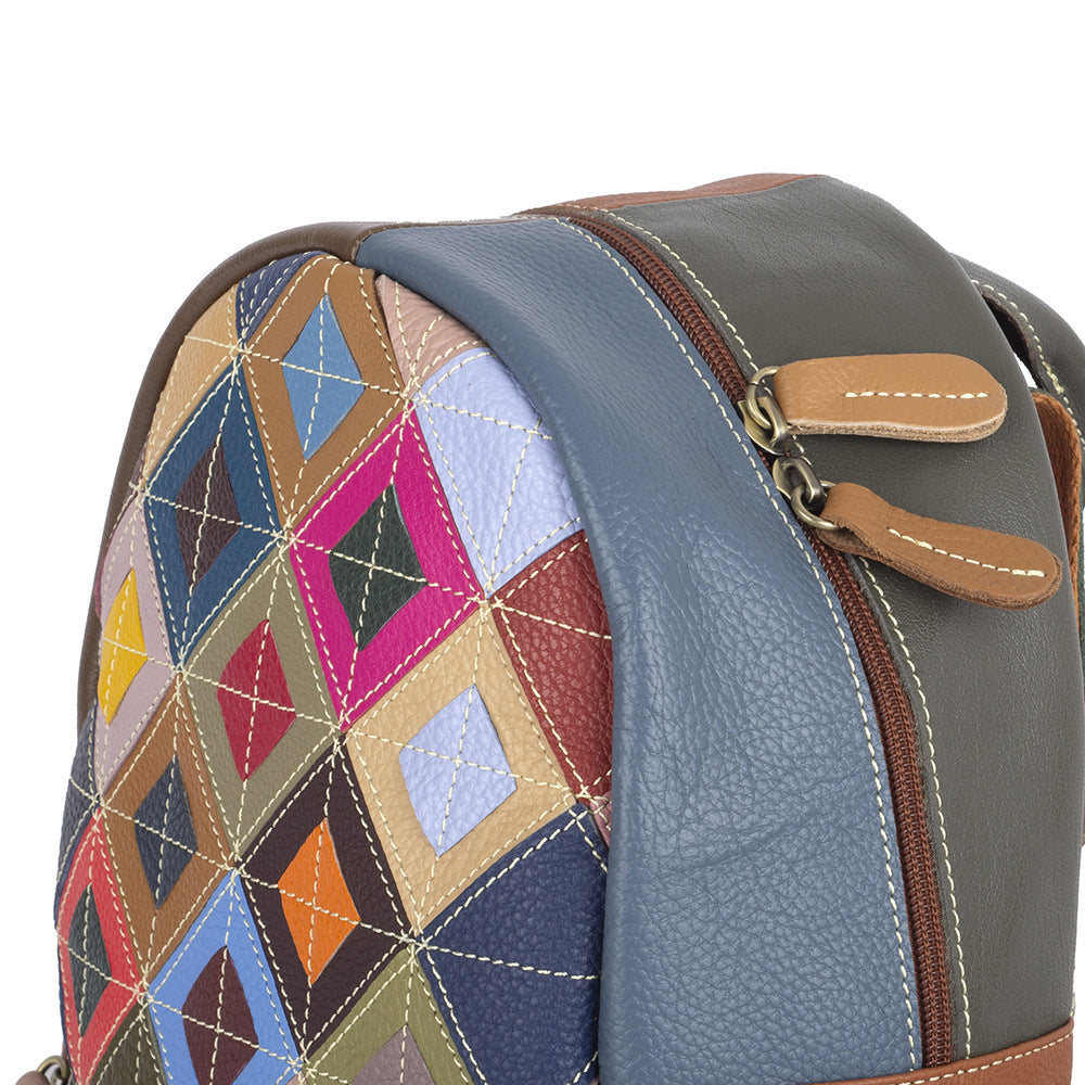 Genuine Top Layer Cowhide Colorful Plaid Color Block Backpack for Women, Casual Travel Daypack, Trendy Leisure Shoulder Bag for Ladies