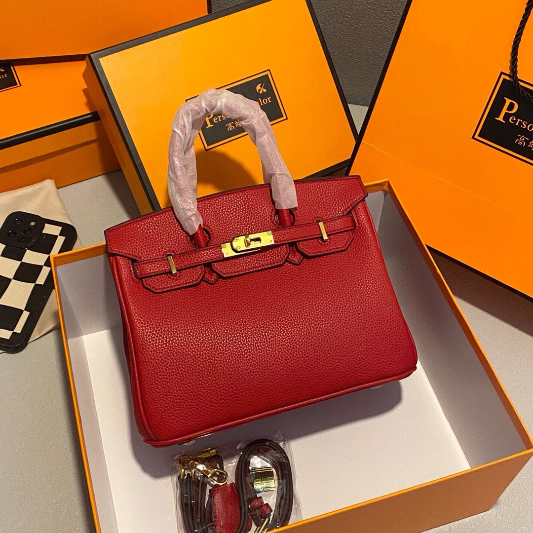 Genuine Pebbled Leather Birkin-Style Gold Hardware Large Capacity Handbag for Women, European Fashion Top Handle Purse, Trendy Casual Tote Bag for Ladies
