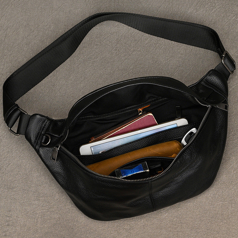 Oil Leather Chest Crossbody Bag for Men, Multifunctional Casual Outdoor Shoulder Pouch, Genuine Cowhide Pack